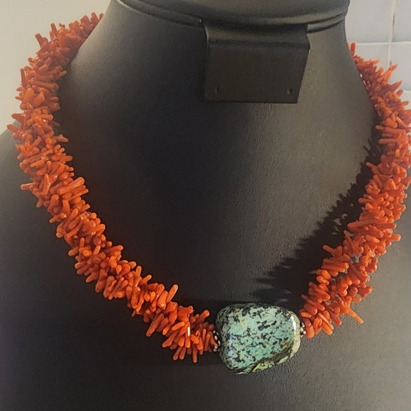 Elegant Coral Necklace with Turquoise Tourmaline Stone, 9.5". - Picture 1 of 3